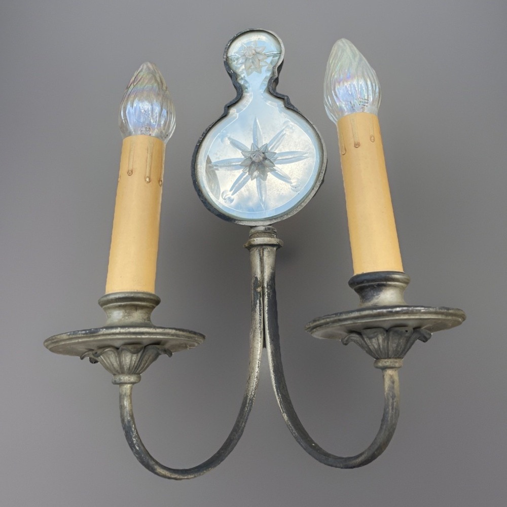 Antique 16" Metal Wall Sconce Double Arm Mirrored Light Fixtures VTG